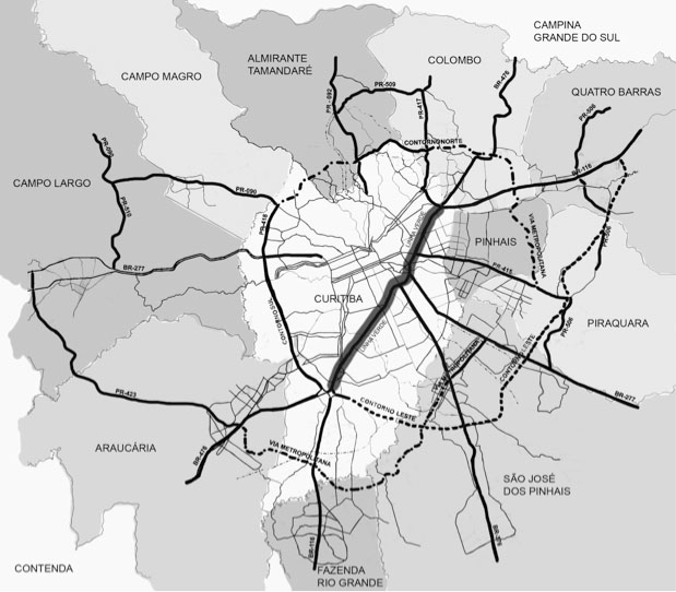 Figura 2 – Delimitação da Linha Verde no sistema viário da RMC e conexões metropolitanas